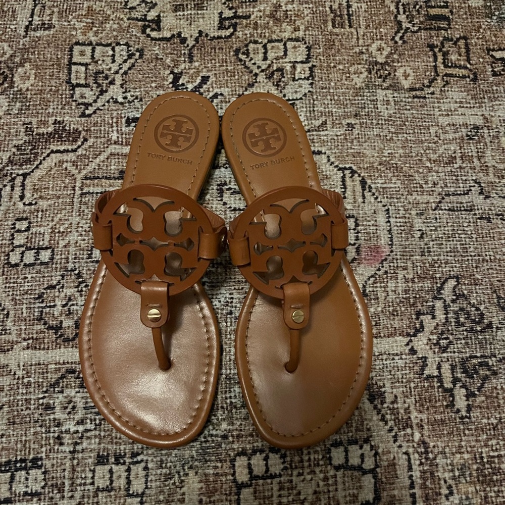 Tory Burch Brown Miller Leather Logo Sandals